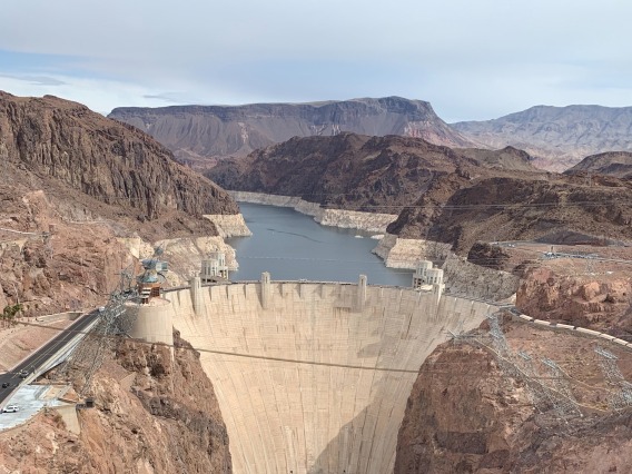 Photo of Hoover Dam with Lake Mead in the background.