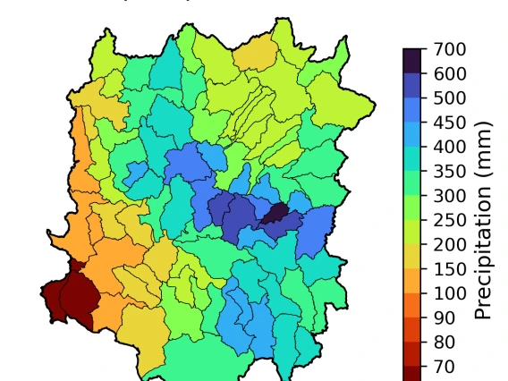 Long-term mean (1981-2020) annual precip (HUC8)