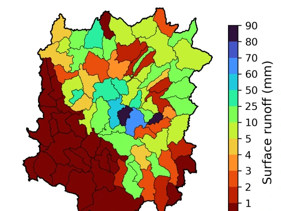 long-term mean (1980-2020) surface runoff (HUC8)