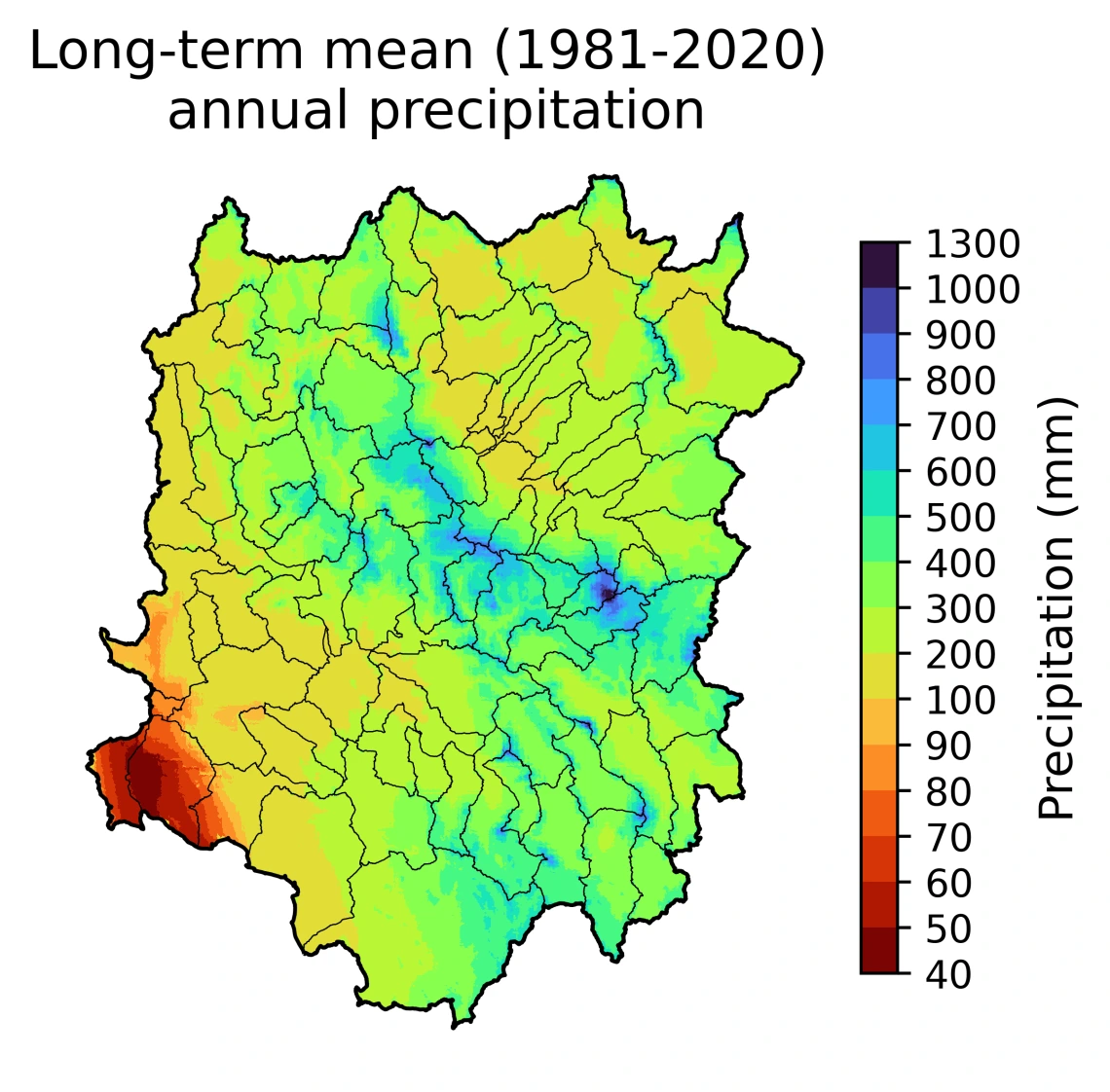 Long-term mean (1981-2020) annual precipitation gridded NWM output