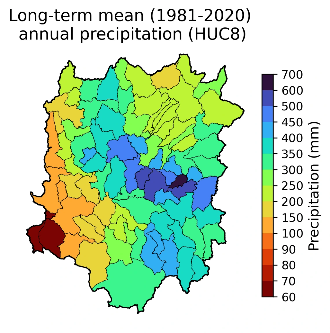 Long-term mean (1981-2020) annual precip (HUC8)