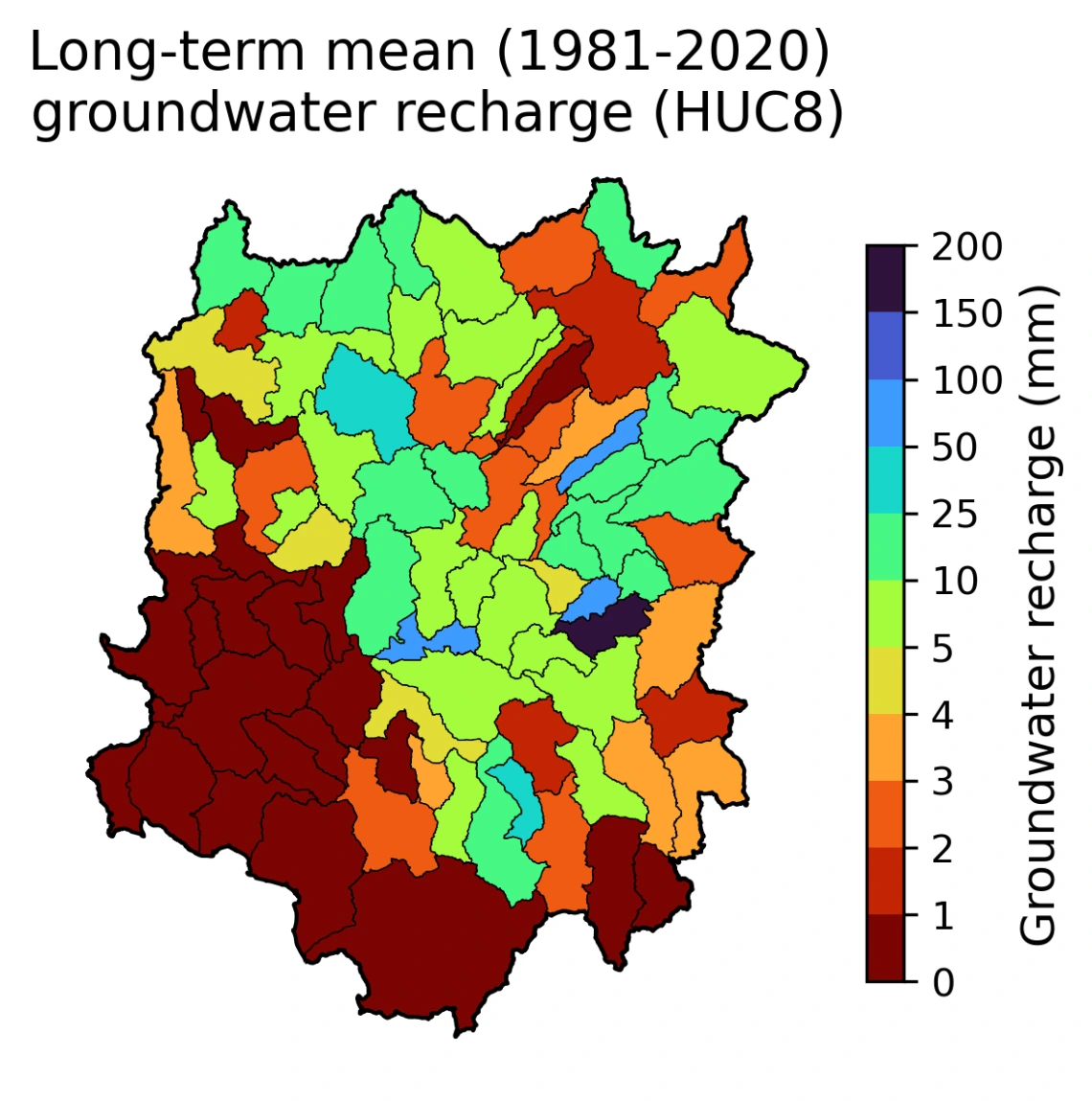 long-term mean (1981-2020) groundwater recharge (HUC8)