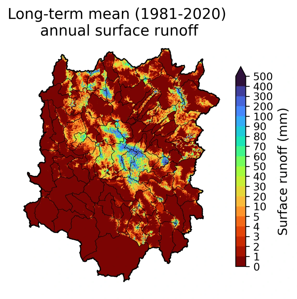 long-term mean (1981-2020) annual surface runoff (Gridded)