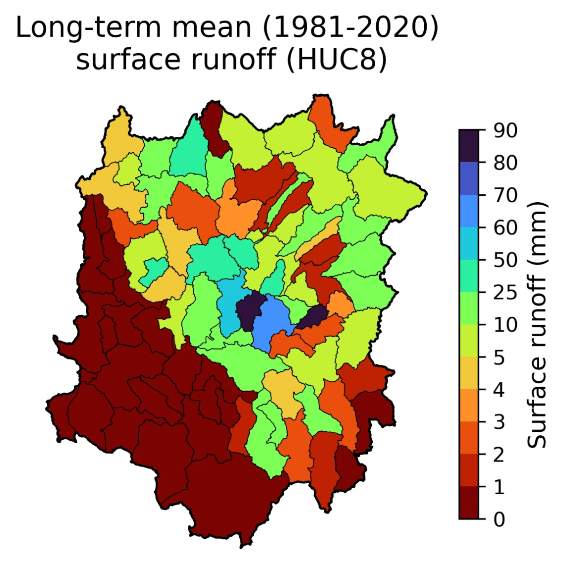 long-term mean (1980-2020) surface runoff (HUC8)